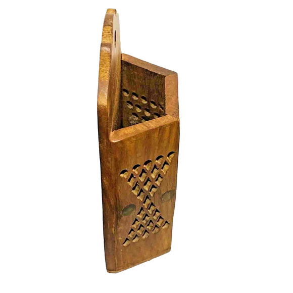 Carved Teak Wood Match Box Incense Wall Pocket Pierced Pattern Brass Studs Inlay - Picture 2 of 8